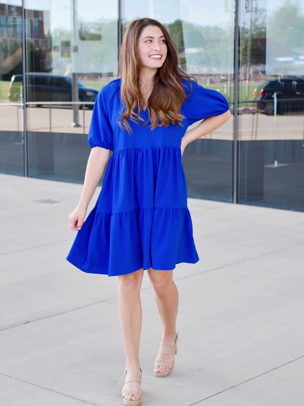 New Women's Jodifl Royal Blue Puff Sleeve Tiered Dress Size Large - Picture 2 of 7